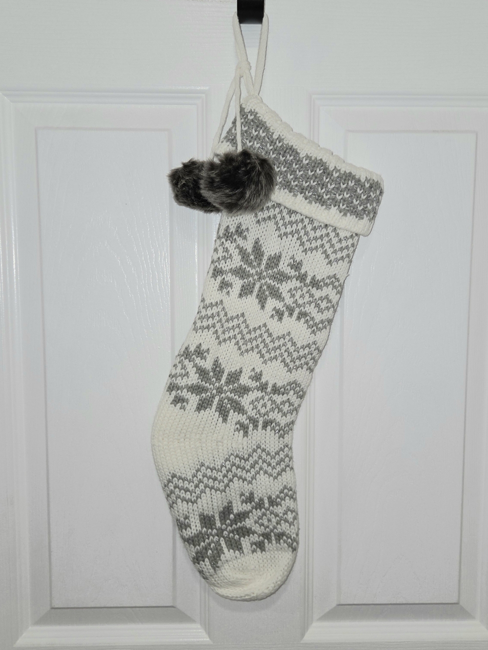 Wondershop Gray Fair Isle Knit Snowflake Christmas Stocking Fur Poms 19"